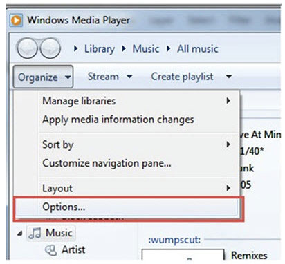 Open Organize Windows Media Player