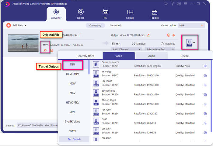Riproduci file MKV Aggiungi Modifica il formato