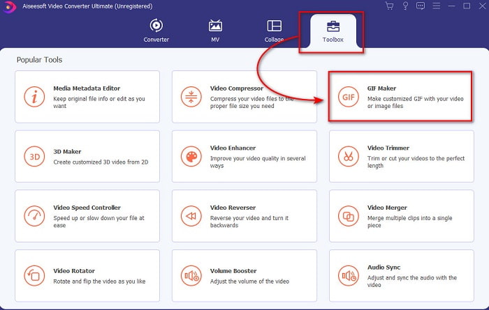 Section de la barre d'outils Cliquez sur le créateur de GIF