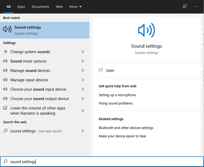 Digite as configurações de som