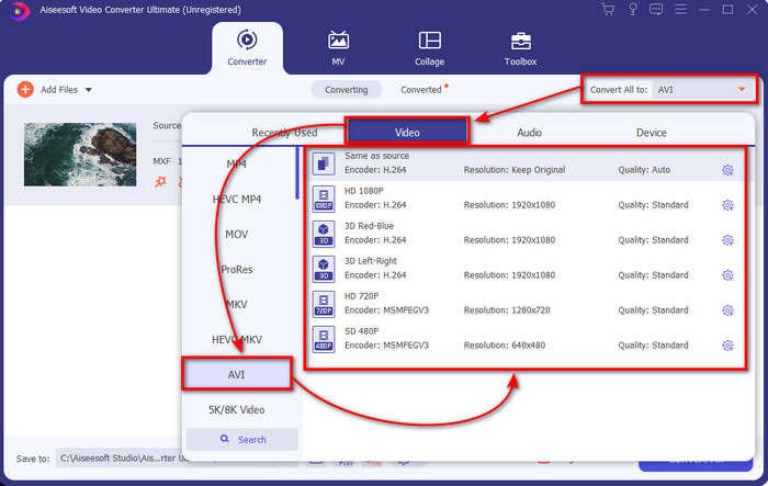 Seleziona il formato di output