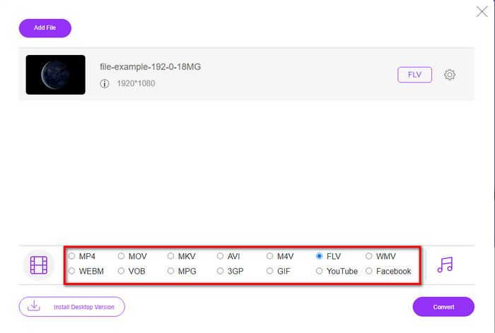 เลือก FLV ในรายการ