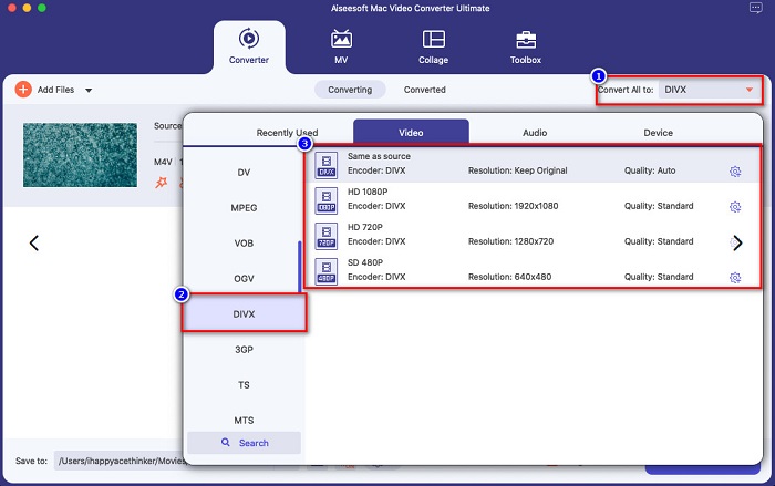 คลิกรูปแบบ DIVX