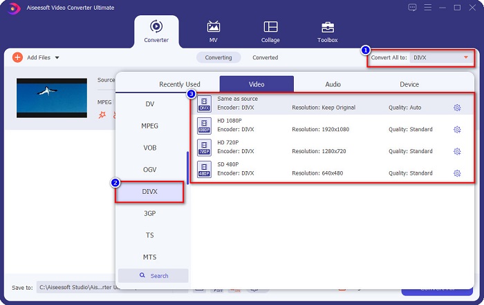 Fare clic sul formato DIVX