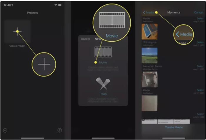 Skapa projekt i iMovie på iPhone