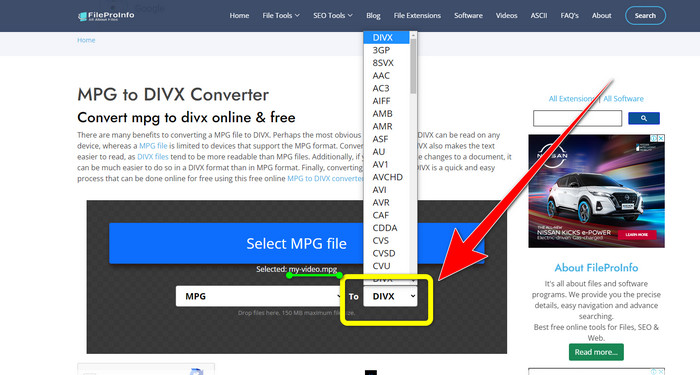 Opções de formato MPG para DivX