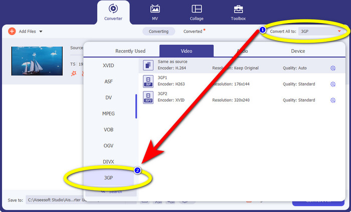 روی 3GP File Format کلیک کنید