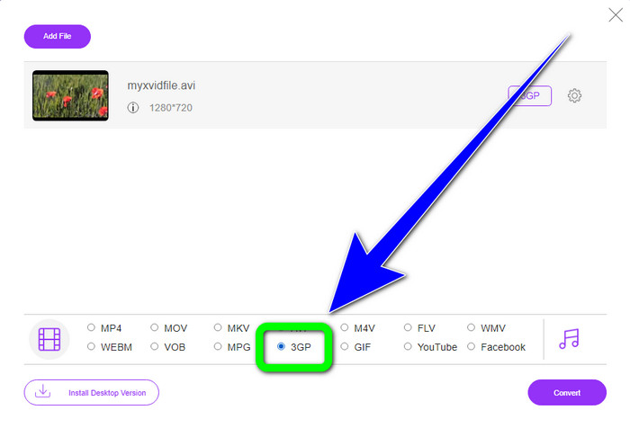 Wählen Sie das 3gp-Dateiformat