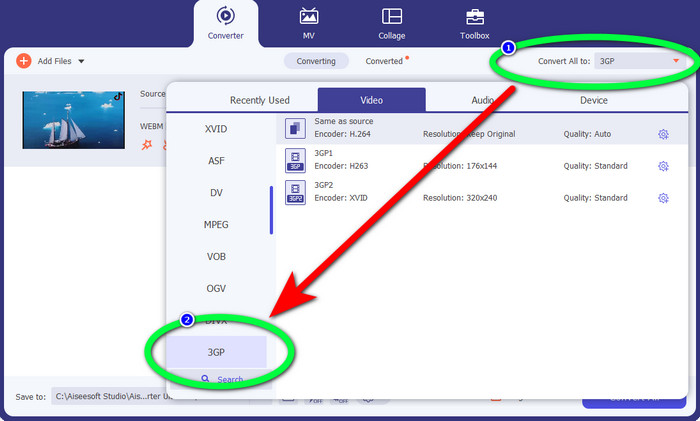 Cliquez sur 3GP dans les options de format