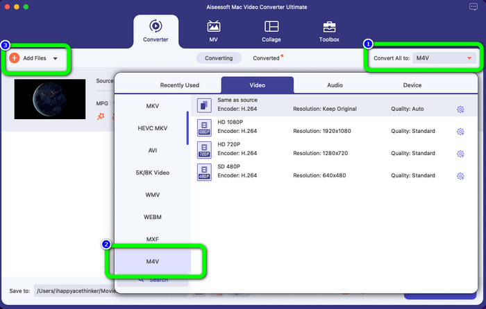 Format Options Select M4V