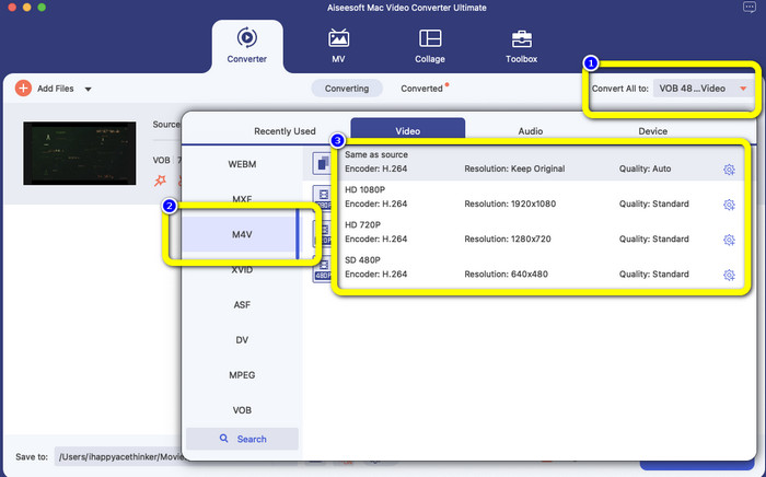 Opciones Formato M4V Seleccionar