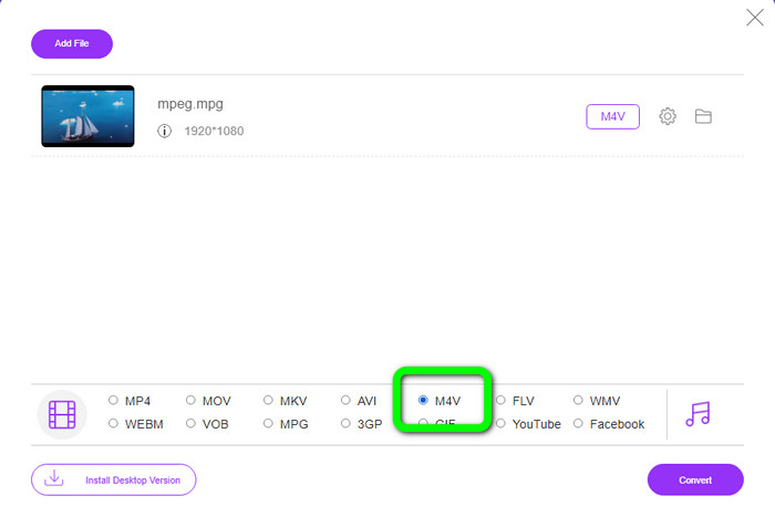 Sélectionnez les options de format M4V