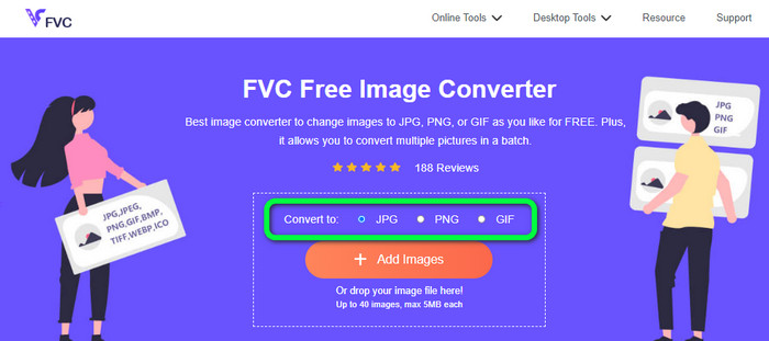 Haga clic en la opción de formato JPG FVC