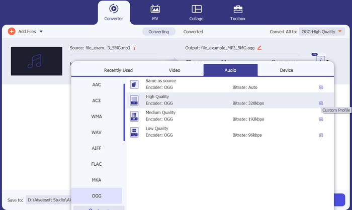 Seleziona il formato di output