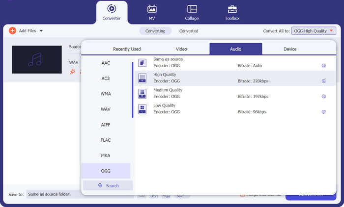 Sélectionnez le format audio