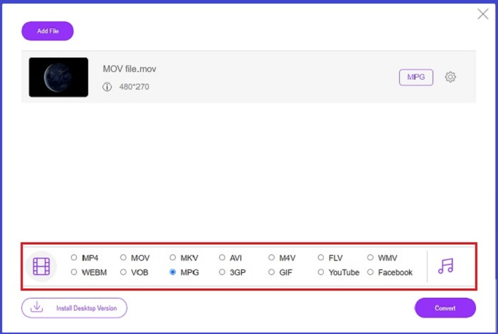 オンラインでMOVをMPGに変換します