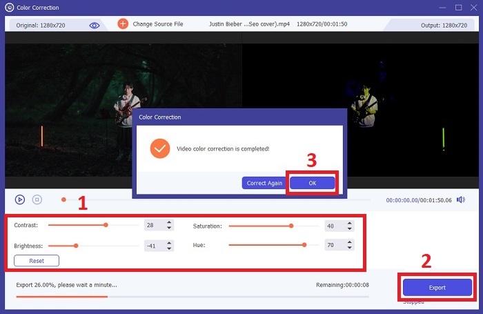 Justera Exportera färgkorrigerad video