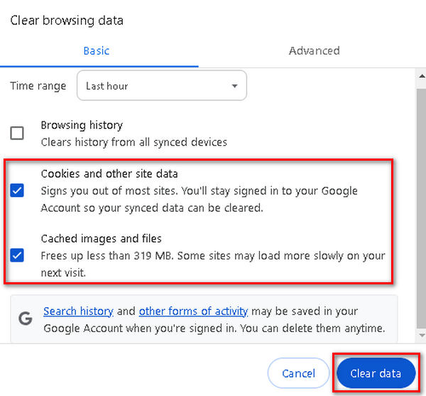 Kosongkan Cache Semakan Imbas Pilih Kosongkan Data