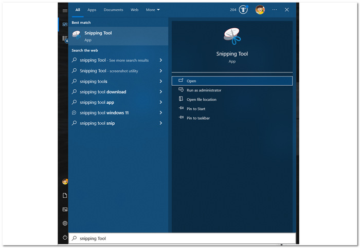 Search Snipping Tool in Start Menu