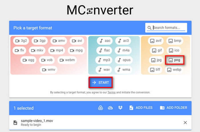 Mconvert Mp4 para PNG Escolha o formato de saída
