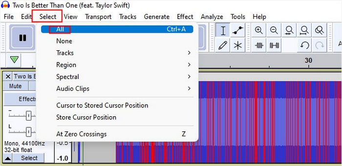 tingkatkan volume mp3 Audacity Pilih Trek Audio
