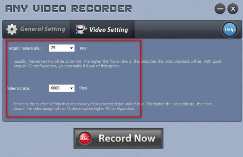 Alle innstillinger for opptakervideo