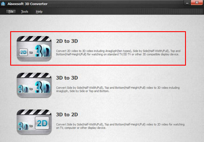Convertidor 2D 3D de Aiseesoft Elija una opción