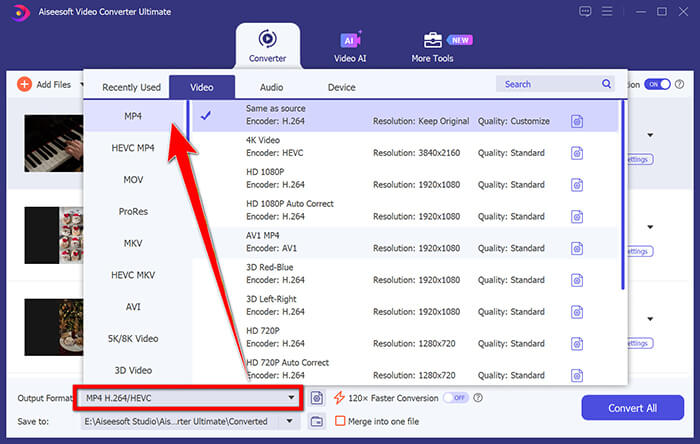 حدد مخرج MP4 لـ TS