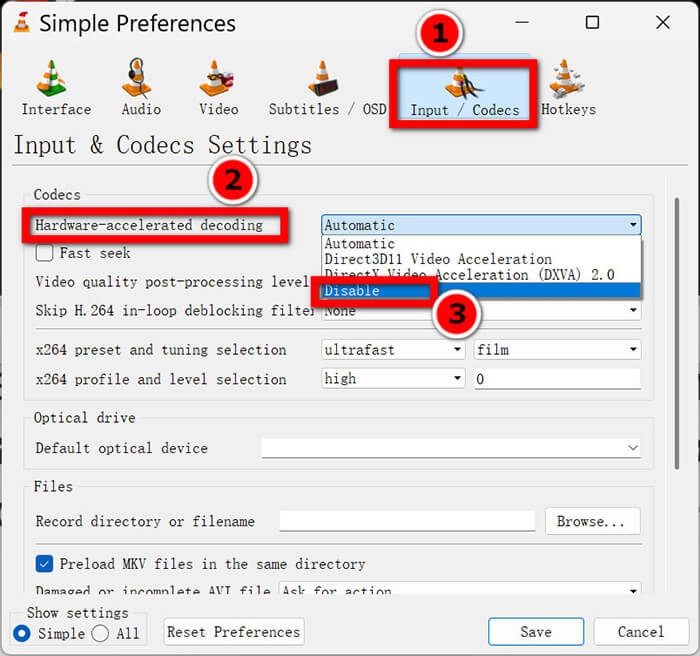 تعطيل تسريع الأجهزة في VLC