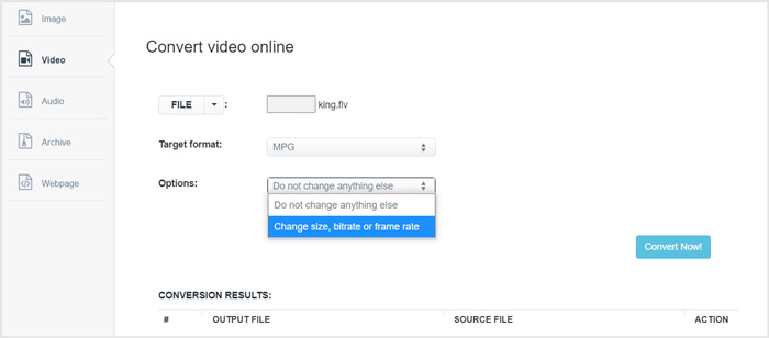 Convertir FLV en MPG en ligne avec aconvert