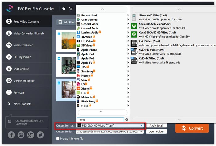 Select xvid format