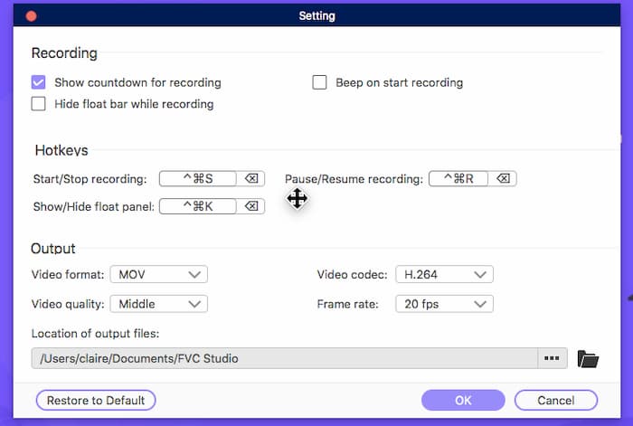 FVC settings mac