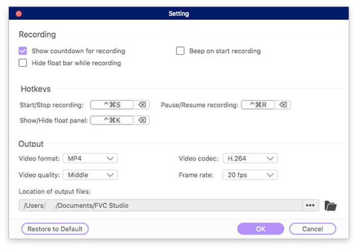 Configurações de registro