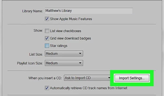 Impostazioni di importazione di iTunes