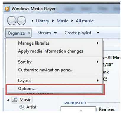 Apri Organizza Windows Media Player