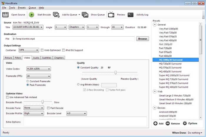 Convertir AVCHD en MP4 Handbrake