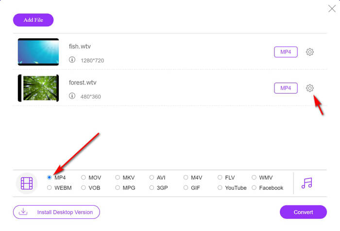 เลือก MP4 สำหรับไฟล์ WTV