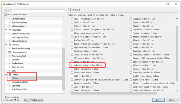 Filtro video deinterlacciamento VLC