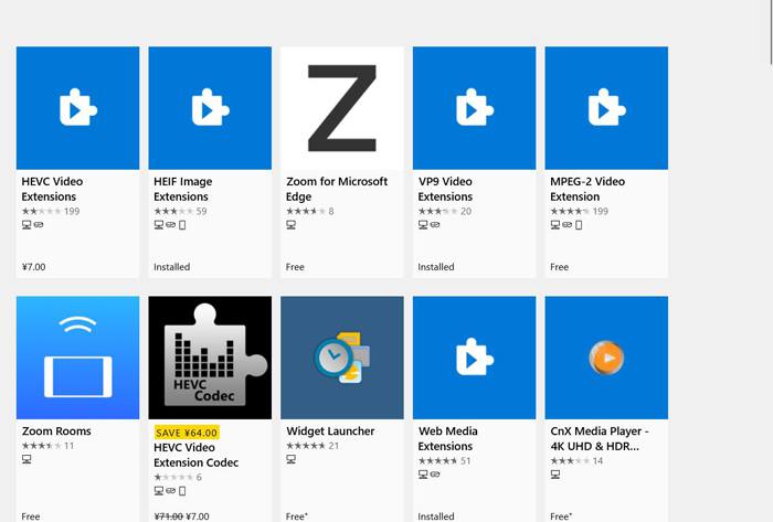 Extensions vidéo sur Microsoft Store