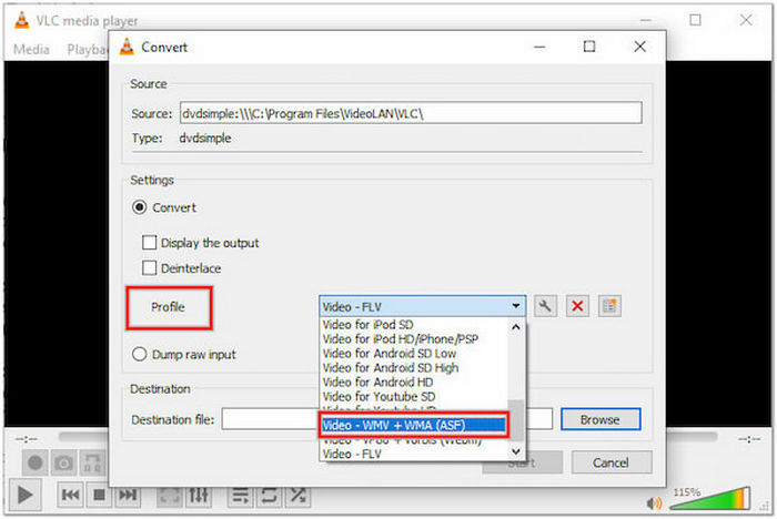 VLC Media Player Rip DVD Выбрать диск WMV