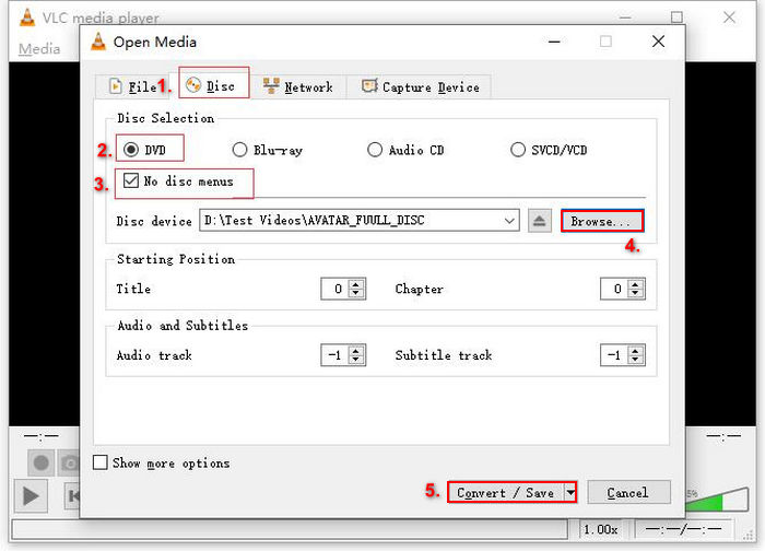VLC Media Player Extraire un DVD Choisir un périphérique de disque