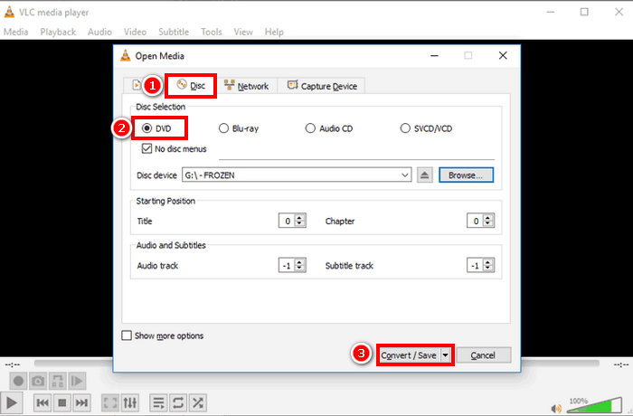 נגן מדיה VLC ל-DVD ל-MP3 בחר דיסק DVD