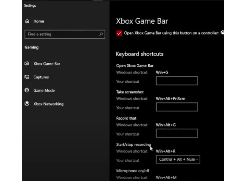 Xbox ゲームバーのキーボード ショートカット
