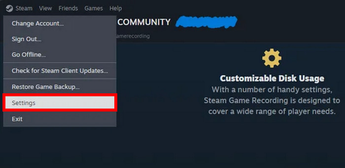 Ativar as configurações de gravação do Steam