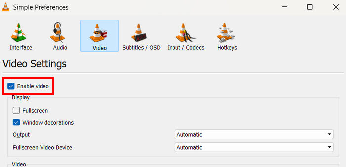 Abilita il video in VLC