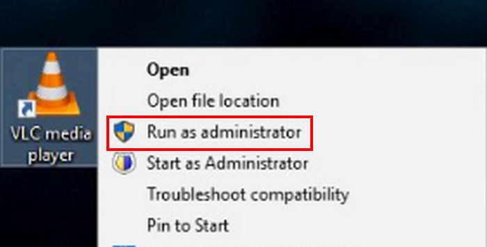 Esegui VLC come amministratore