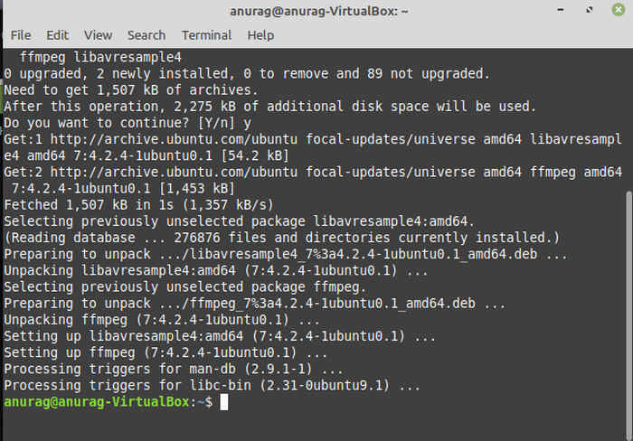 Linux تثبيت Ffmpeg تم التنزيل