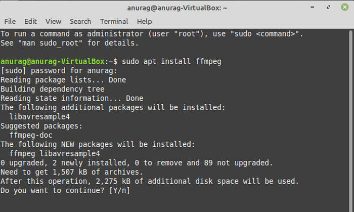 Linux تثبيت Ffmpeg اضغط Y