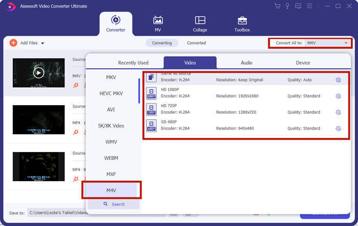 Pilih M4V sebagai Format Output