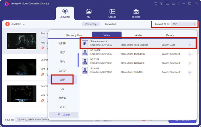 seleziona ASF come formato di output